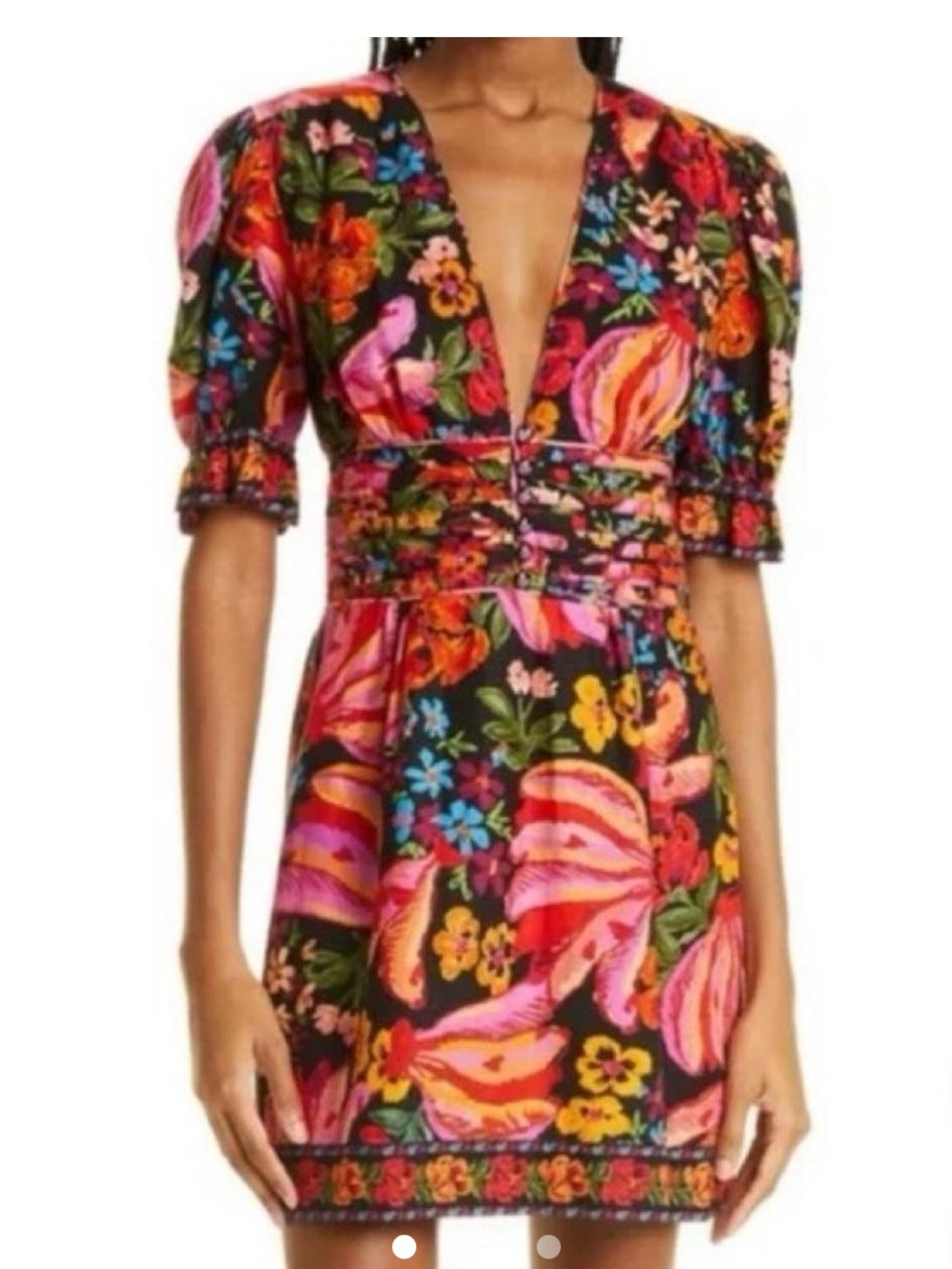 Farm Rio Floral V-Neck Short Sleeve Dress in Multicolor